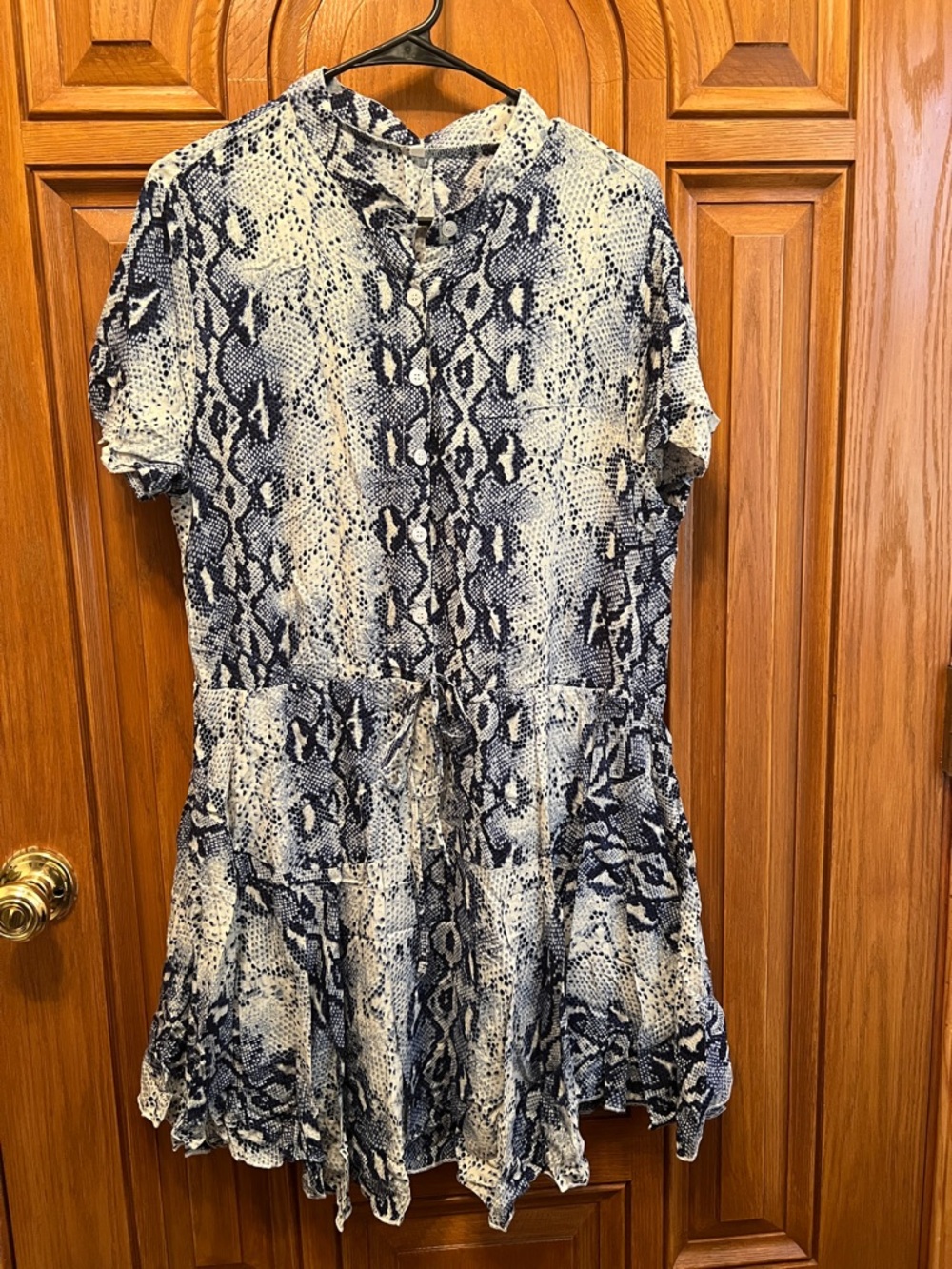 Snake Print Button-Front Short Sleeve Dress in Navy and Cream